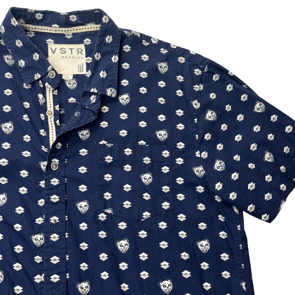 VSTR Premium Shirt Mens Large Blue Cotton Panda Geometric Print Short Sleeve L